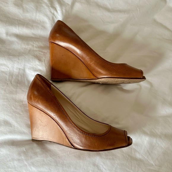Prada Women's Tan Peep-Toe Wedges - Picture 3 of 8